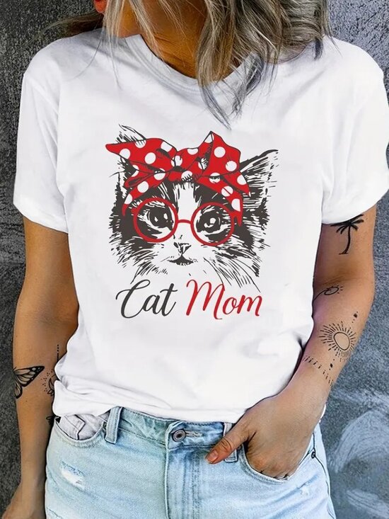Tops - Cat Mom Print T-shirt, Cute Cat Mom Shirt, Cat Mom Squad Shirt
